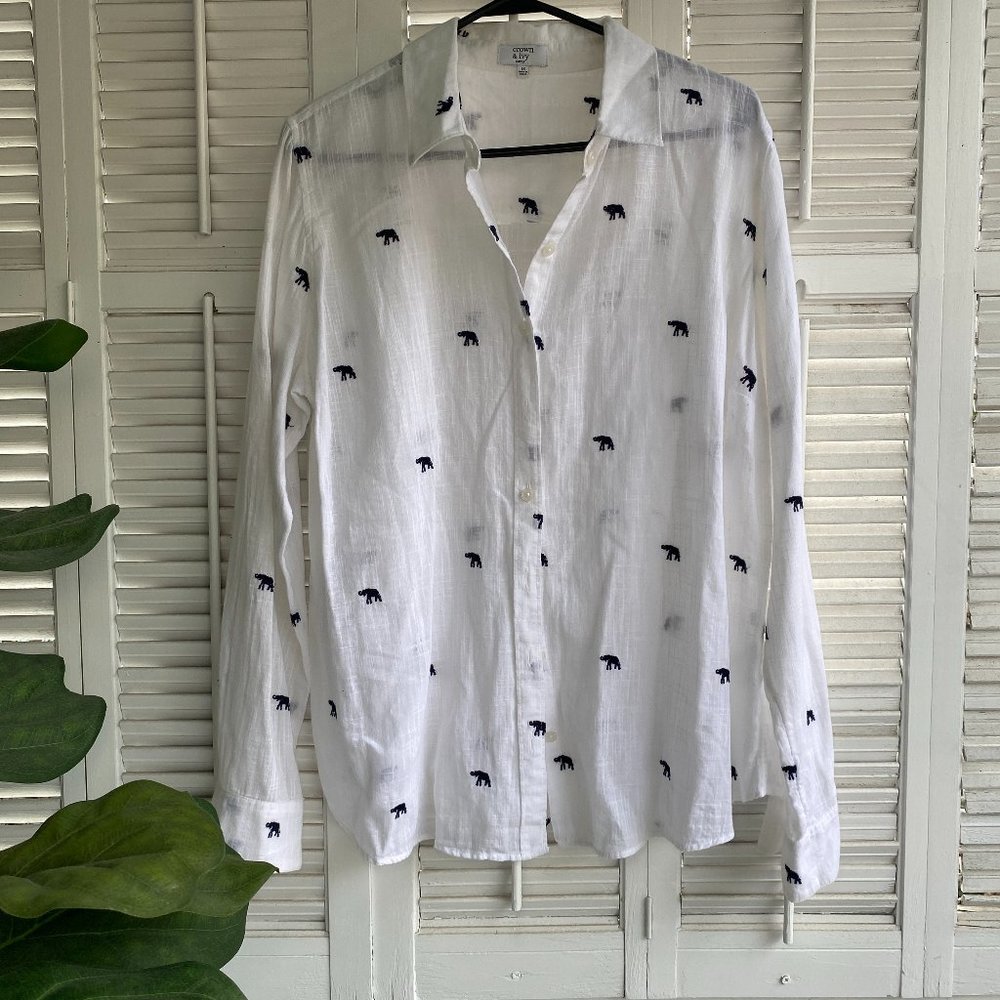 Crown Ivy Top Womens 1X XL White Elephant Print Long Sleeve Cotton Button Down